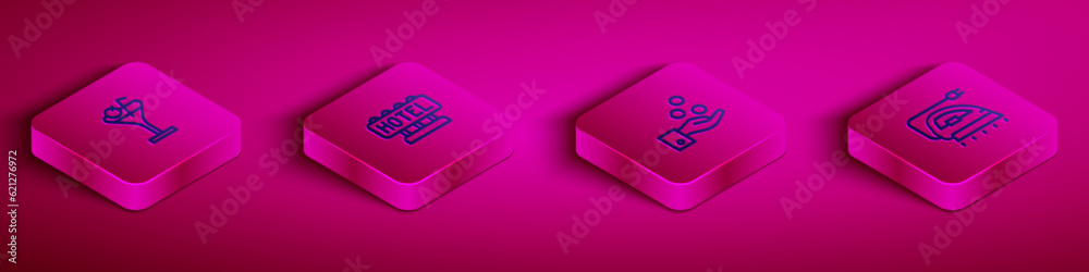Set Isometric line Martini glass, Signboard with text Hotel, Paying tips and Electric iron icon. Vector Set Isometric line Martini glass, Signboard with text Hotel, Paying tips and Electric iron icon. Vector