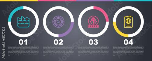 Set line Shark fin in ocean wave, Ship porthole with seascape, Cruise ship and Passport. Business infographic template. Vector