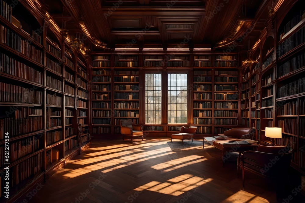 A cozy library with tall bookshelves filled with books, soft reading chairs, and warm lighting, creating a welcoming and peaceful atmosphere. - obrazy, fototapety, plakaty 