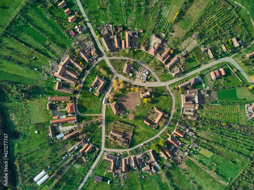 Aerial drone view over the round village of Charlottenburg  Timis  Romania