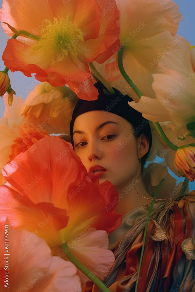 portrait of a woman/model/book character surrounded by red flowers in warm daylight with a thoughtful expression in a fashion/beauty editorial magazine style film photography look  - generative ai art