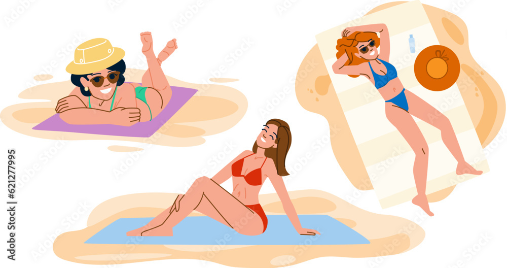 travel woman sunbathing beach vector. ocean holiday, tan relax, beauty bikini travel woman sunbathing beach character. people flat cartoon illustration