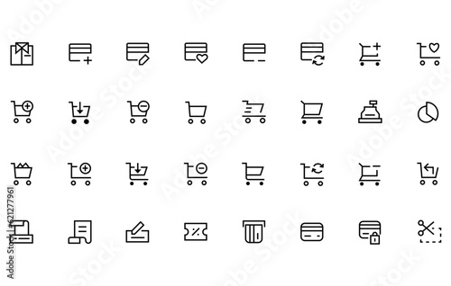 Black icons set for retail, shopping, grocery, e-commerce, restaurant food delivery concept. Flat outline vector illustration isolated on white background for website