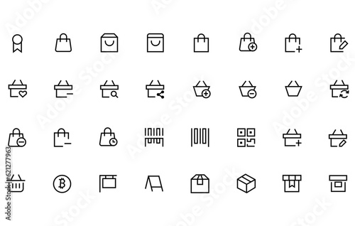 Black icons set for retail, shopping, grocery, e-commerce, restaurant food delivery concept. Flat outline vector illustration isolated on white background for website