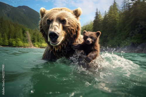 Bear swims and dives in the water