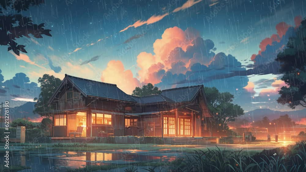 A house in the rain at dusk, in the style of Japanese style landscapes, anime background animation