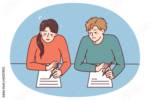 Boy cheating on school exam copy answers from female classmate. Schoolchildren with papers on examination during test. Flat vector illustration.
