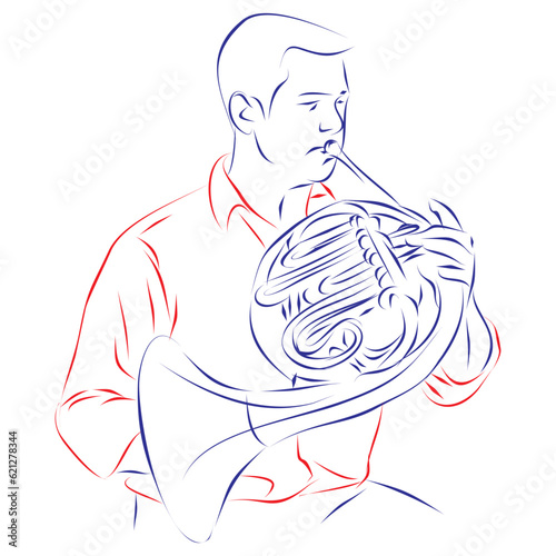 Continuous line drawing of a musician playing a modern horn music instrument. Hand drawn, vector illustration music concept