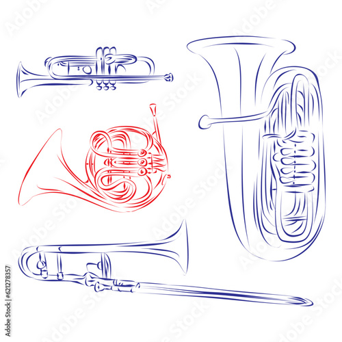 Continuous line drawing of brass music instruments family: trumpet, horn, trombone, tuba. Hand drawn, vector illustration music concept