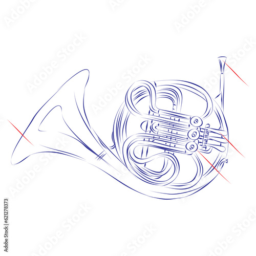 Continuous line drawing of a modern horn music instrument, isolated on white background. Hand drawn, vector illustration music concept