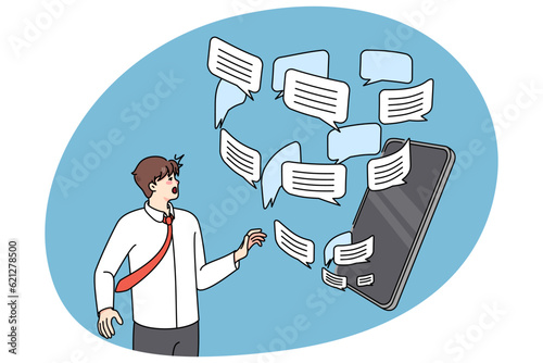 Man overwhelmed with email notification emails and messages on cellphone. Anxious male bothered with spam on smartphone. Flat vector illustration.