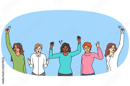 Diverse multiethnic women on demonstration against gender discrimination. Determined multiracial females strike for equal rights. Flat vector illustration.