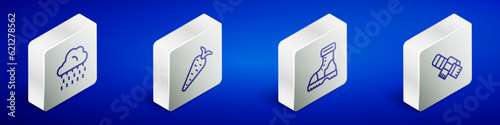 Set Isometric line Cloud with rain, Carrot, Waterproof rubber boot and Winter scarf icon. Vector
