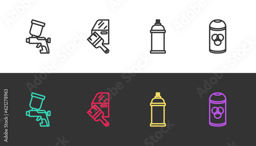 Set line Paint spray gun, Car painting, can and on black and white. Vector