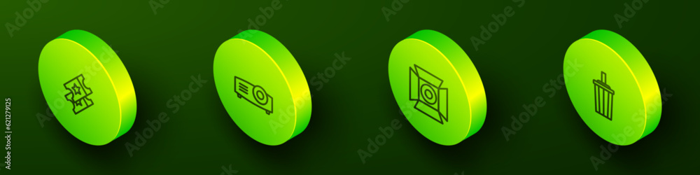Set Isometric line Cinema ticket, Movie, film, media projector, spotlight and Paper glass with water icon. Vector Set Isometric line Cinema ticket, Movie, film, media projector, spotlight and Paper glass with water icon. Vector