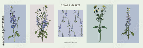 Set of posters of grass and flowers in vintage style	
