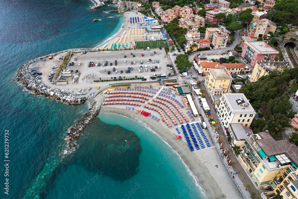 Aerial view of Monterosso, one of the five villages along Cinque Terre hiking strech. Popular tourist destination in Italy