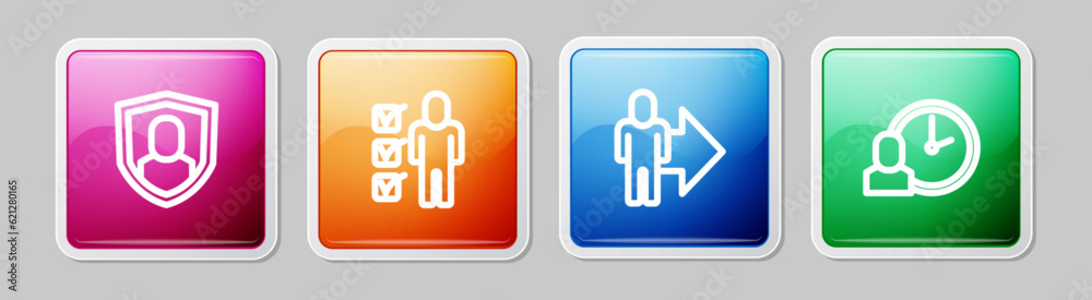 Set line User protection, Resume, Leader of a team of executives and Work time. Colorful square button. Vector