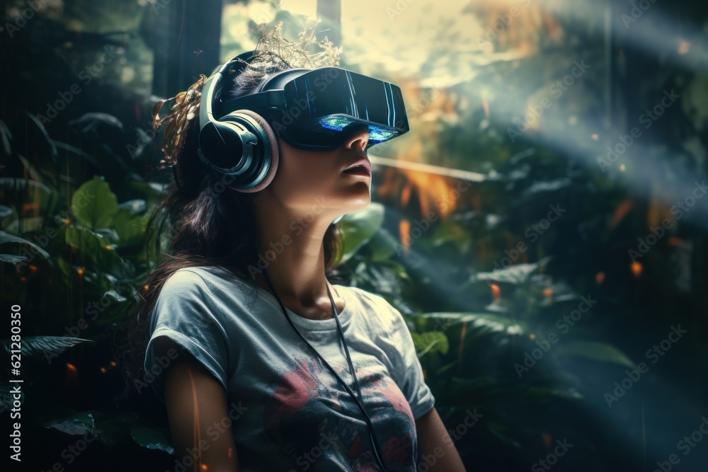 Kid or teen wear Vr headset in metaverse universe futuristic virtual world state of consciousness. Kid or teen wear Vr headset in metaverse universe futuristic virtual world state of consciousness.