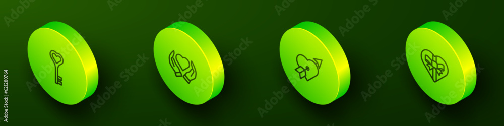 Set Isometric line Key in heart shape, Heart hand, Amour with arrow and Candy shaped box icon. Vector