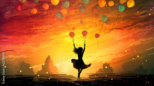 Desenho pisicodélico colorido liberdade e diversão, silhueta de mulheres voando com balões e guarda-chuva