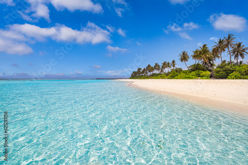 Beautiful beach landscape. Summer holiday. Best vacation concept. Inspire tropical coast. Closeup sea waves, sunny sky white sand and coco palm trees. Amazing travel tourism wide panorama background