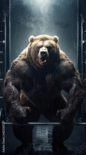 determinado urso gigante levantando pesos na sala de ginástica