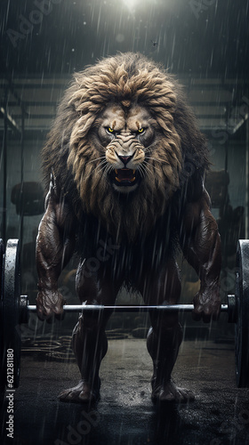 determinado leão gigante levantando pesos na sala de ginástica