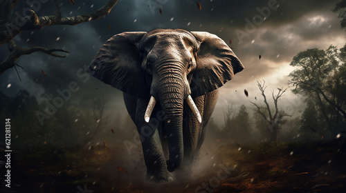 Elefante determinado na tempestade da floresta