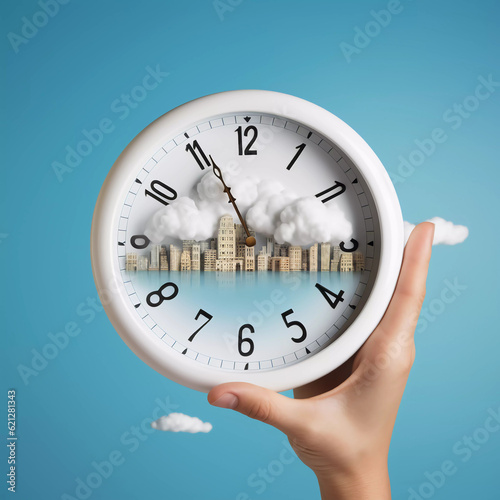 Time management, human hand holding a city scenery with alarm clock and clouds, Time to travel, use for advertising, poster, cover, illustration. Generative ai.