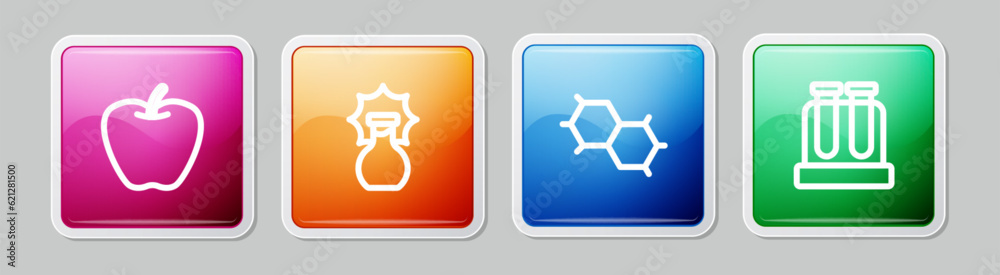 Set line Apple, Explosion in the flask, Chemical formula and Test tube. Colorful square button. Vector Set line Apple, Explosion in the flask, Chemical formula and Test tube. Colorful square button. Vector