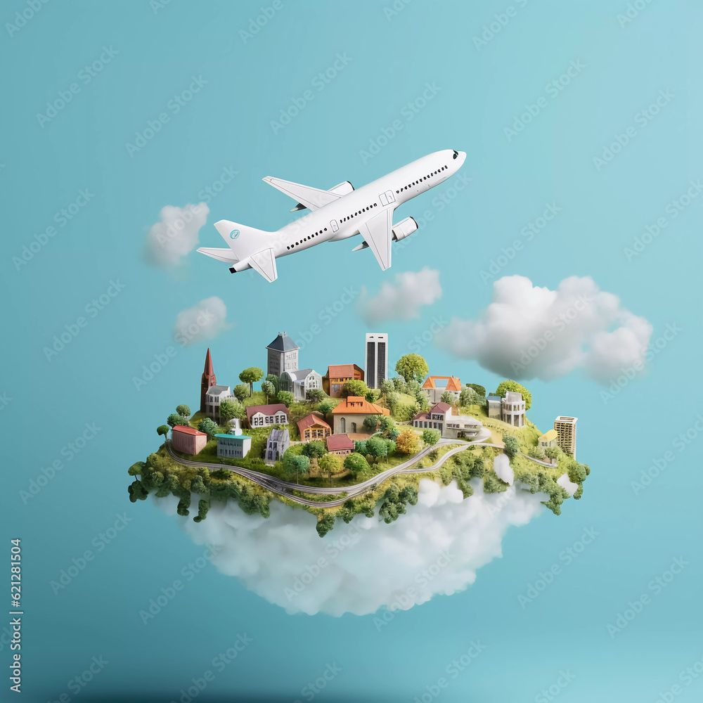 Time to travel concept, human hand holding a city scenery with clouds, and airplane, Small world, photo use for travel concept illustration, advertising, poster, cover, Generative ai.