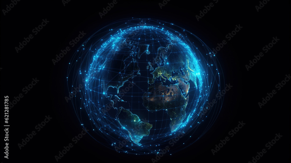 Obraz premium Worldwide Network Connection: Global Communication Technology, Internet Business connections links, Cryptocurrency, Blockchain, IoT, and 5G Technology Connecting the Earth Globe. generative ai