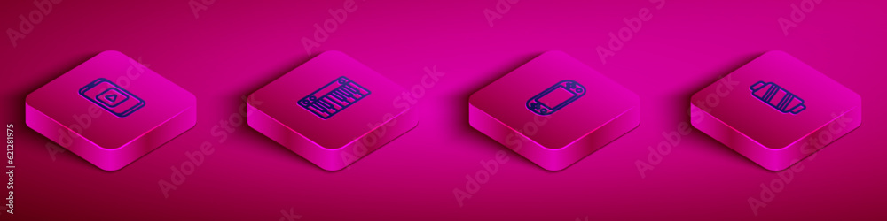 Set Isometric line Online play video, Music synthesizer, Portable game console and Sewing thread spool icon. Vector Set Isometric line Online play video, Music synthesizer, Portable game console and Sewing thread spool icon. Vector