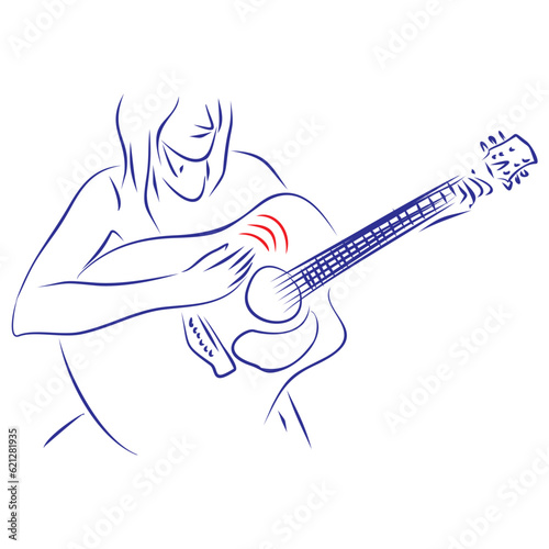 Continuous line drawing of a girl playing an acoustic guitar, striking the strings. Hand drawn, vector illustration music concept