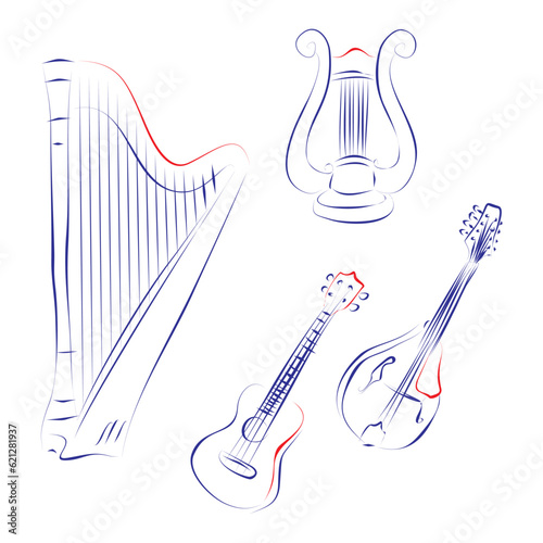 Continuous line drawing of music instruments with strings, related to the guitar history: harp, lyre, ukulele and mandolin. Hand drawn, vector illustration music concept
