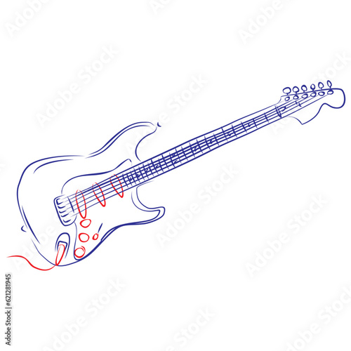 Continuous line drawing of an electric bass guitar, highlighting the electric parts. Hand drawn, vector illustration music concept