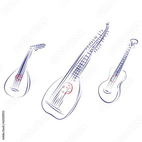 Continuous line drawing of music instruments with strings, related to the guitar history: lute, theorbo, romantic guitar. Hand drawn, vector illustration music concept