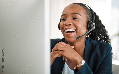 Funny, telemarketing and black woman with a smile, customer service and internet connection with help. Female person, humor and agent with telecom sales, tech support and call center with headphones photo
