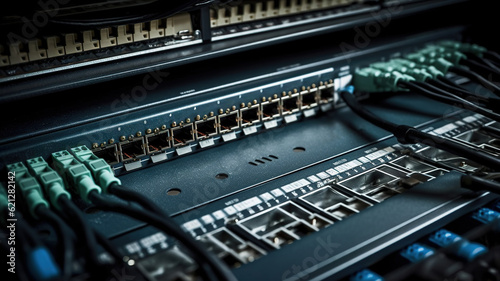 Network Switches and Ethernet Cables in Data Center: Seamless Connectivity for High-Speed Networking. Close-Up of Fiber Optic and Hub in Server Room. Reliable LAN Internet Cables. Efficient Management