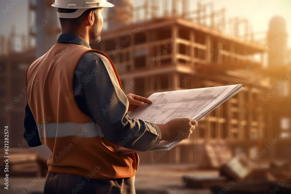 Back view of foreman engineer wears white safty helmet standing reading blueprint at construction site, inspecitng building project, the building under construction. Generative AI Back view of foreman engineer wears white safty helmet standing reading blueprint at construction site, inspecitng building project, the building under construction. Generative AI
