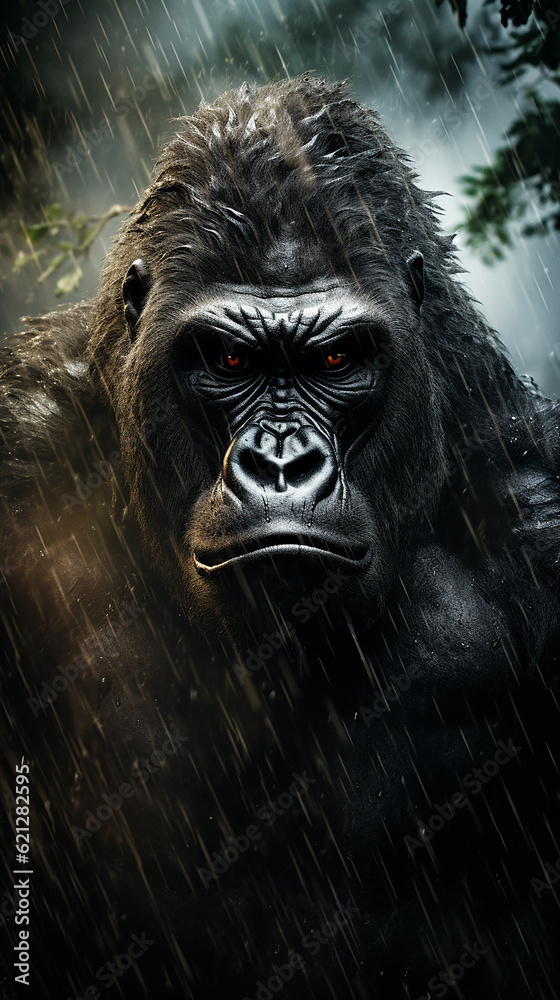 gorila  determinado na tempestade da floresta