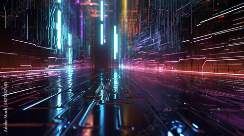 Abstract background, hi-tech multicolor neon light trail and urban skyscrapers, cyberspace, high speed internet, telecoms, cyberpunk, futuristic technology concept. Generative AI