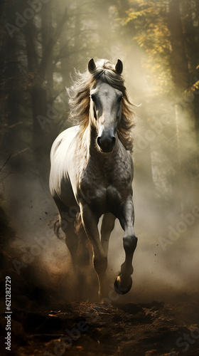 cavalo correndo determinado na floresta