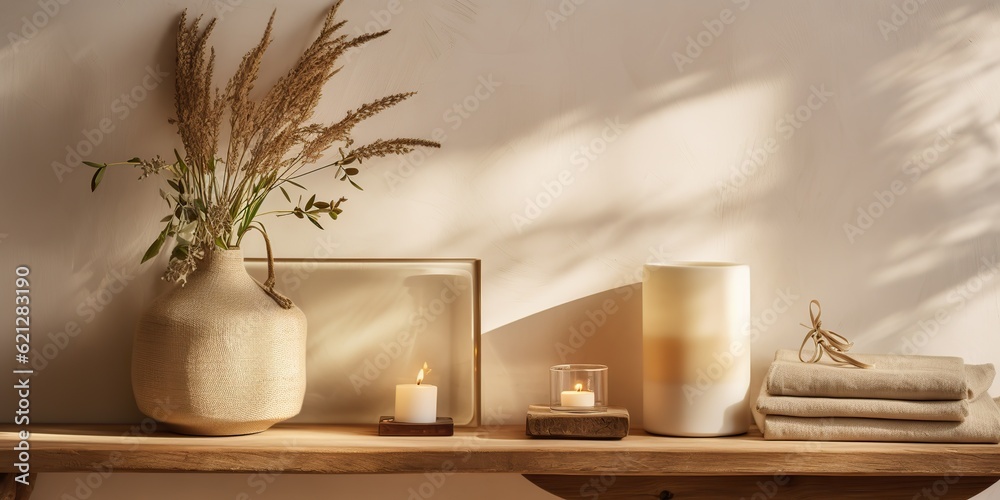 AI Generated. AI Generative. Hygge style house home room apartment design decoration wood table wall with plant and vase. Vacation scandinavian relax vibe. Graphic Art AI Generated. AI Generative. Hygge style house home room apartment design decoration wood table wall with plant and vase. Vacation scandinavian relax vibe. Graphic Art