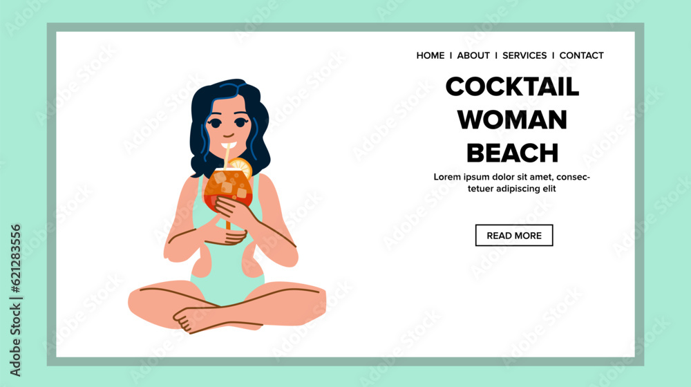 Obraz premium summer cocktail woman beach vector. girl relax, female travel, drink sea summer cocktail woman beach web flat cartoon illustration