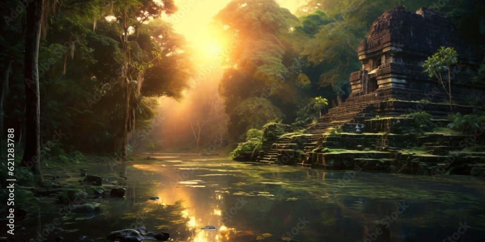 ancient and overgrown mayan temple ruins in the jungle, lost place in the amazon rainforest, fictional landscape created with generative ai