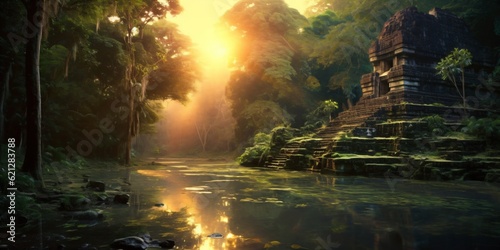 ancient and overgrown mayan temple ruins in the jungle, lost place in the amazon rainforest, fictional landscape created with generative ai