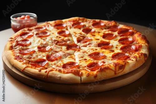 Pepperoni pizza on wooden board. Generative AI