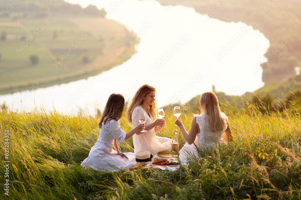 Three beautiful young caucasian ladies with wine in their hands enjoy spending time on picnic at summer sunset. Good weekend concept with friends